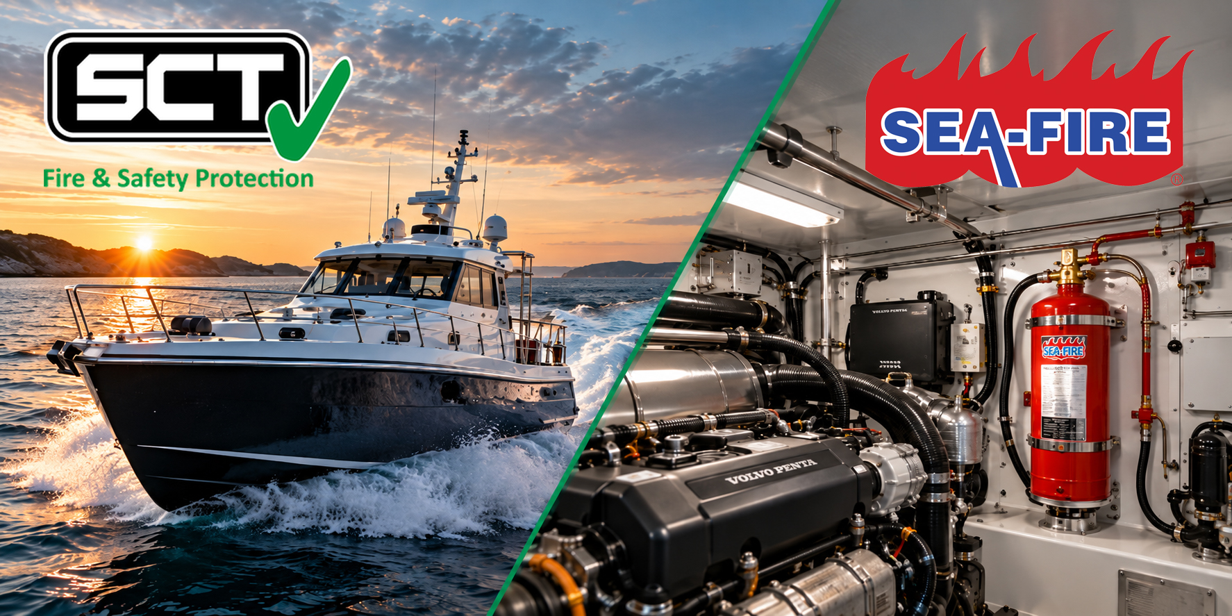 Boat engine room fire suppression system with Sea-Fire cylinder protecting marine machinery